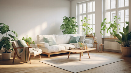 "Hyper - realistic photograph of a modern Scandinavian style living room, bright natural light pouring through large windows, minimalist white furniture, cozy grey throw blanket
