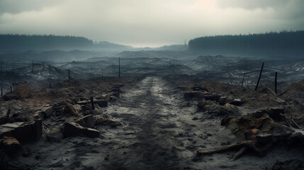 Hyper - realistic photograph, parched, cracked earth foreground symbolizing, distant horizon, smoke, factories for pollution, chopped, forest, deforestation. Dramatic, overcast lighting with a dull, m