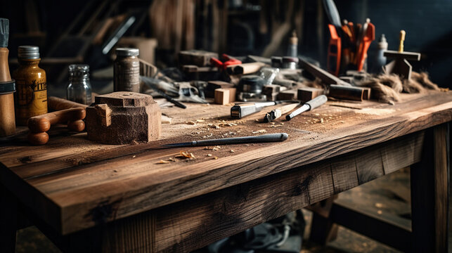 Hyper - realistic 4k image of a DIY project: a wooden coffee table mid - assembly, with scattered tools, screws, and blueprints nearby, contrasting against a textured