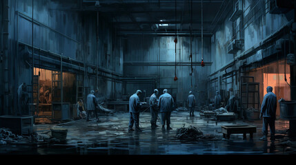 Detailed industrial scenery, large factory, interior, filled with rows, machinery, sparks, welding, workers in blue uniforms, smoke, chimneys, overcast, grungy, realistic, noise