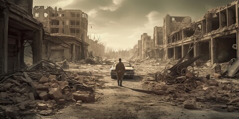 Obraz premium Generative AI. Walk through the Dead City. post apocalypse 3d concept illustration