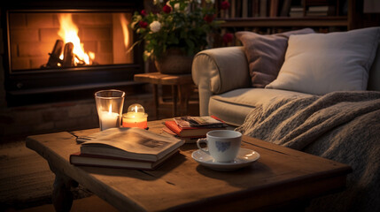 Ultra - realistic photograph of a cozy, rustic living room: an antique wooden coffee table adorned with vintage books, a softly flickering candle, a green succulent, and a steaming cup of tea. A plush
