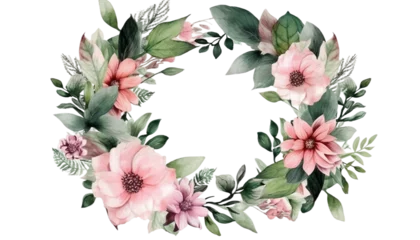 Rolgordijnen Watercolor Green leaves and blush pink flowers circle frame, for fashion, backgrounds, textures, DIY, cards, wedding stationary, greetings, wallpapers, wrappers, invitations, Generative ai © gfx_nazim