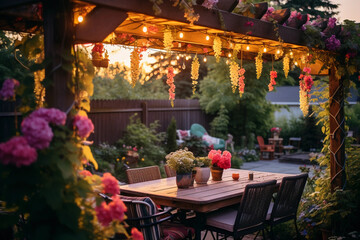 A picturesque view of a vibrant, well - maintained backyard garden at dusk, overflowing with colorful blooming flowers, a DIY wooden