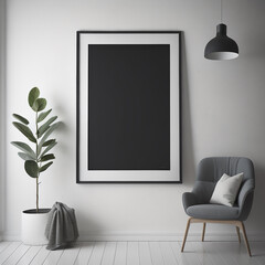 Classic Black and White Interior with Empty Mockup Poster Frame, 3D Render