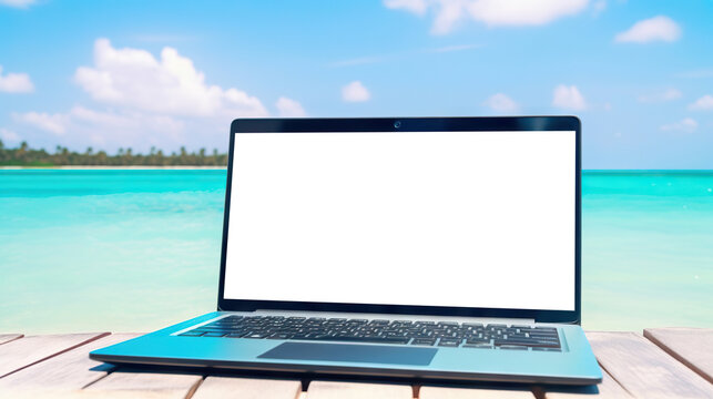 Laptop with cut out screen at sea resort. Remote work and business in palm paradise. Online purchase of air tickets and hotels. Copy space