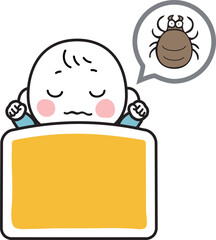 睡眠中の赤ちゃんの布団にダニがいるイラスト