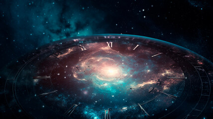 Clock close-up in space, the universe and time
