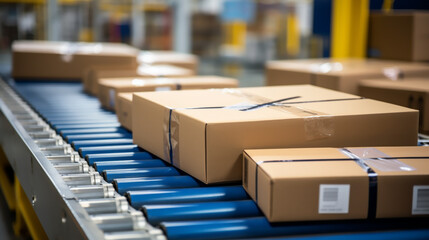 Closeup of multiple cardboard box packages seamlessly moving along a conveyor belt in a warehouse fulfillment center, a snapshot of e-commerce, delivery, automation, and products. Generative ai