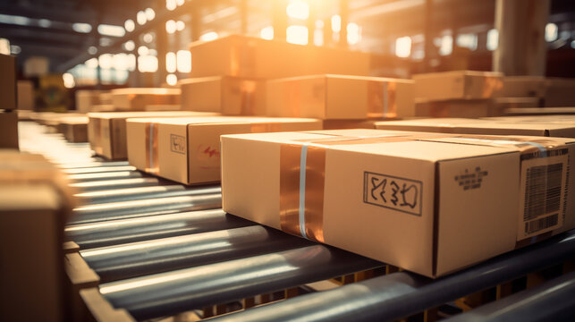 Closeup of multiple cardboard box packages seamlessly moving along a conveyor belt in a warehouse fulfillment center, a snapshot of e-commerce, delivery, automation, and products. Generative ai