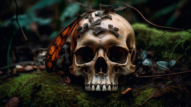 butterflies sit on a skull lying in the grass
