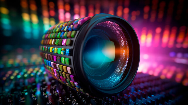 A studio photo of the lens, in a colorful multicolored background
