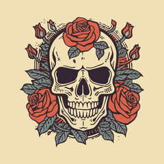 skull head surrounded by flowers and leaves illustration