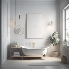 Fototapeta na wymiar Serene Bathroom Interior with Empty Poster Frame Mockup, Spa-like Vibes
