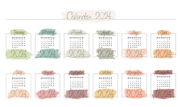 2024 year hand draw month calendar with brush strokes pastel colours. Vector stock illustration isolated on white background for beauty and spa print industry, photo album. Editable stroke. 
