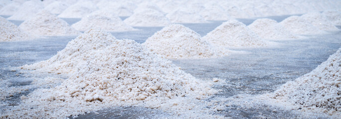 Sea salt farm. Pile of brine salt. Raw material of salt industrial. Sodium Chloride mineral....