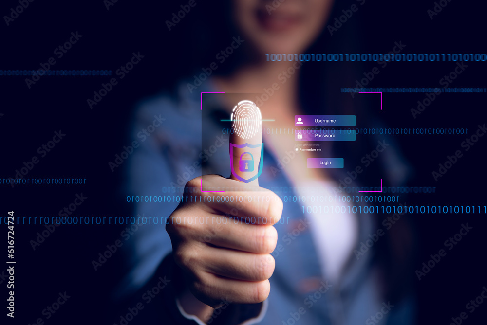 Fototapete authentication sustem,user login to system by username , password or finger scan , cyber security concept , information security and encryption , secure access to user's personal information