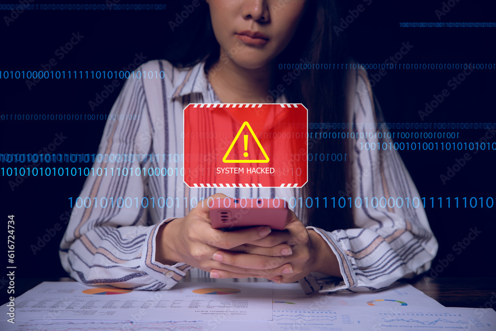 Aufkleber woman using smart phone and system warning hacked alert show on screen, cyber attack on computer network. Cybersecurity vulnerability, data breach, illegal connection, compromised information concept