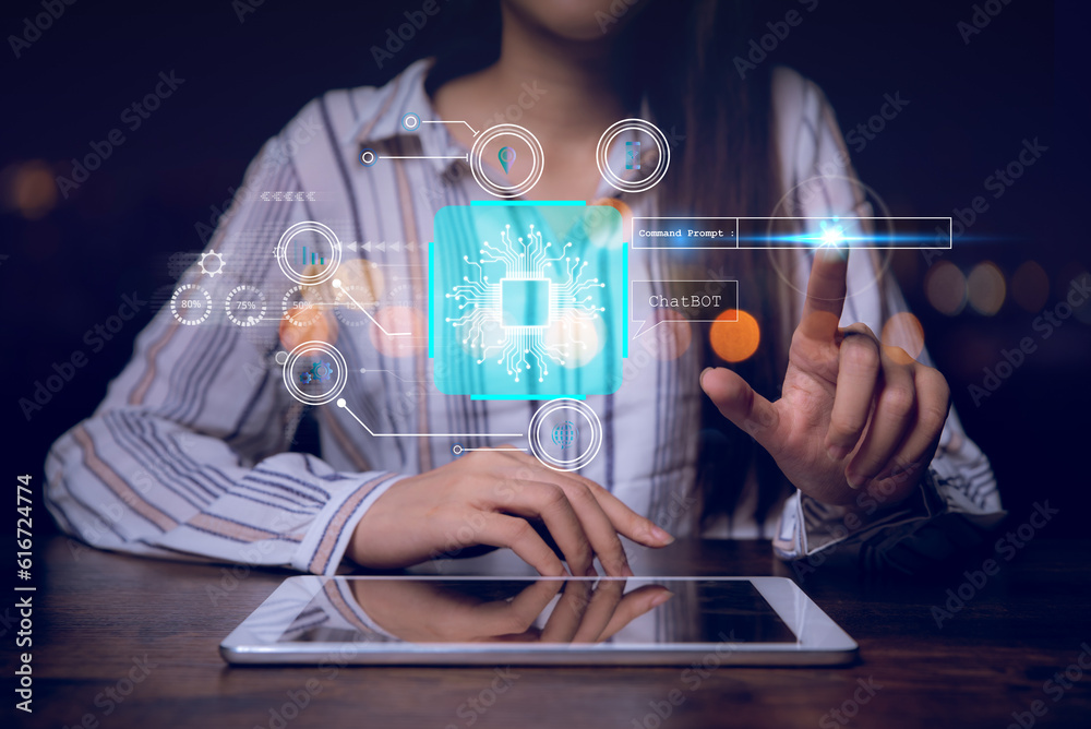 Fototapete woman use smart robot chat machine learning technology, artificial intelligence by enter command prompt for generates something, Futuristic technology transformation ,chat with machine learning