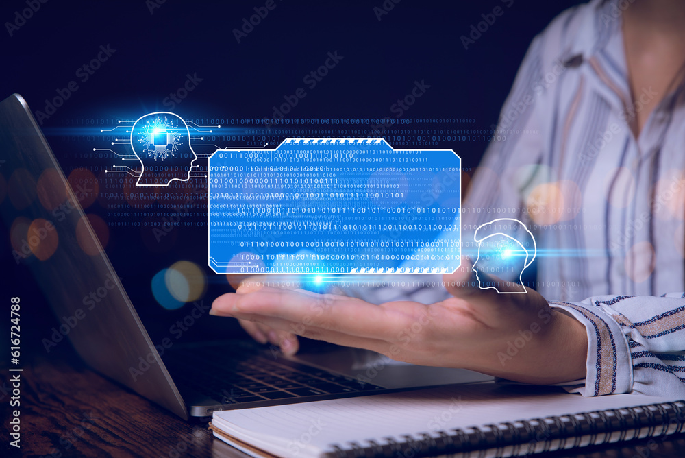 Fototapete woman use smart robot chat machine learning technology, artificial intelligence by enter command prompt for generates something, Futuristic technology transformation ,chat with machine learning