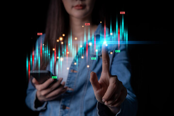woman or trader is showing a growing virtual hologram stock, invest in tradingbusiness target planning and strategy, Stock market, Business growth, progress or success concept