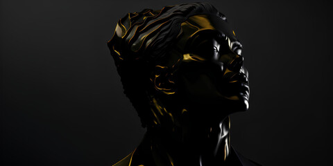 Sculpture, black metal head of a statue on a black background, monumentalism, modern art, creative design. Ai generation
