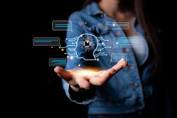 business woman hand shows artificial intelligence brain bot chat function on virtual screen , chat with robot for information , Futuristic technology transformation concept