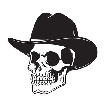 Monochrome black and white skull with cowboy hat. Vector illustration print on tshirts jacket and souvenirs. Vintage tattoo hand drawn style