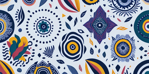 Fototapeta premium Boho-style background, abstract shapes and patterns on a light backdrop, creative illustration with ornaments, decorative poster design, banner cover. Ai generation