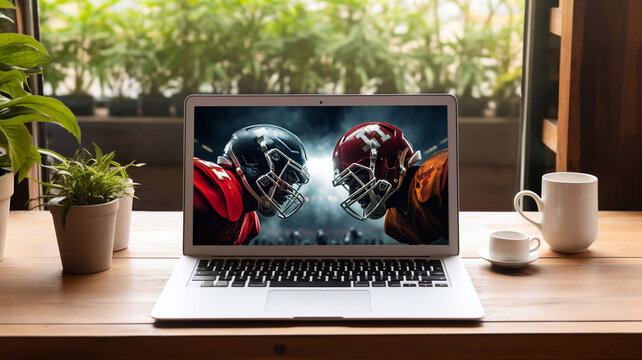 Dynamic portrait of male american football player in sports equipment over 3D model stadium in motion on dark night sky background. Concept of art, sport, team, energy and power, achievements, ad