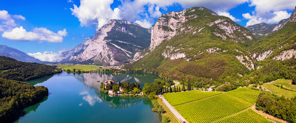 Beautiful Toblino lake is considered one of the most romantic lakes in the Trentino, Italy. aerial...