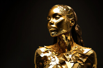 Beauty fashion model girl with golden skin on a black background.Skin of a golden woman. metallic, futuristic abstract image .generative AI