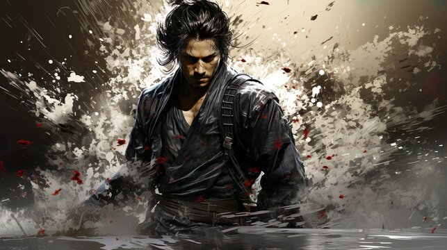 Half body view of a samurai in black, gray and white color splash. Created with Generative AI