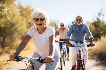 Obraz premium fictional group of seniors cycling together on a sunny day