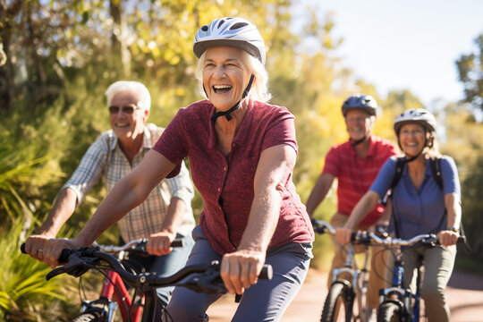 fictional group of seniors cycling together on a sunny day