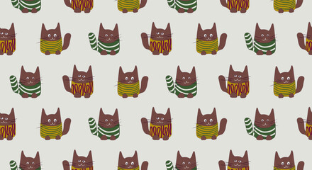 Seamless pattern funny cats in clothes. Vector illustration in cartoon style. Flat characters of cats.