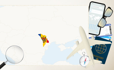 Moldova map and flag, cargo plane on the detailed map of Moldova with flag.