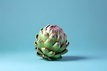 Obraz premium Artichoke flower, edible bud on pastel background, studio shot. Healthy cooking, organic vegetables, copy space for text. AI generated image