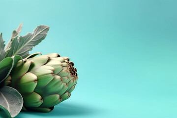 Artichoke flower, edible bud on pastel background, studio shot. Healthy cooking, organic vegetables, copy space for text. AI generated image