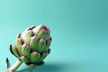 Fototapeta premium Artichoke flower, edible bud on pastel background, studio shot. Healthy cooking, organic vegetables, copy space for text. AI generated image