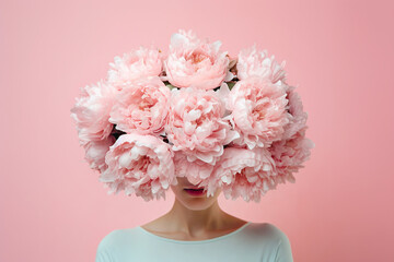 Woman with her head covered with flowers. Mental health, psychological treatment concept. Happiness and joy, dreaming. Psychology theme, thinking positive, having good thoughts in mind. AI generated