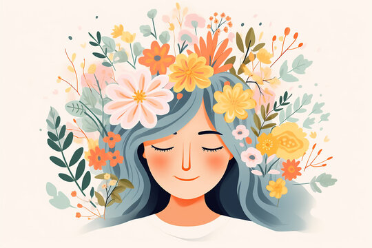 Woman with her head covered with flowers. Mental health, psychological treatment concept. Happiness and joy, dreaming. Psychology theme, thinking positive, having good thoughts in mind. AI generated