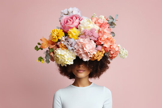 Woman with her head covered with flowers. Mental health, psychological treatment concept. Happiness and joy, dreaming. Psychology theme, thinking positive, having good thoughts in mind. AI generated