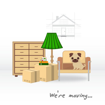 Transportation and home removal. We're moving. Dog, Boxes, armchair, floor lamp, books in anticipation of moving. Stock vector. Flat design.