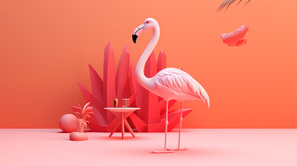 Generative Ai Illustration. Tropical background with pink flamingo.