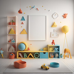 Playful Children's Playroom with Mockup Frame, 3D Render and Colorful Toy Collection