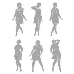 Collection.Beautiful woman silhouette in modern single line continuous style. The girl is overweight. The lady is standing. vector illustration set.