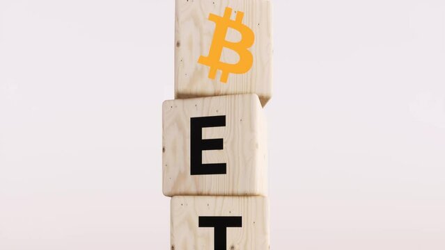 Exchange Traded Fund (ETF) and Bitcoin cryptodivisa concept. Introduce the concept of digital money background. Wooden vertical cube with bitcoin icon standing with "ETF" text. White background, 3D