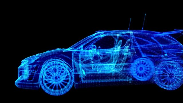 Digital particles formed form 3d model Car x-ray particles formation. Abstract 3d mesh with lines, dots and particles