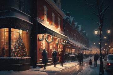 Snowy street with Christmas trees and lights. Festive mood. Generative AI